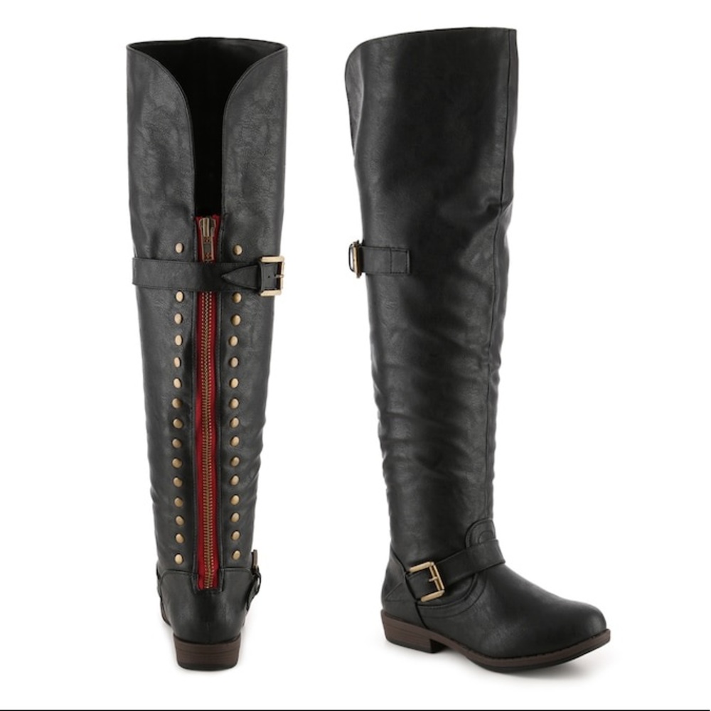 Over The Knee Black Boot with Red Zipper Detail